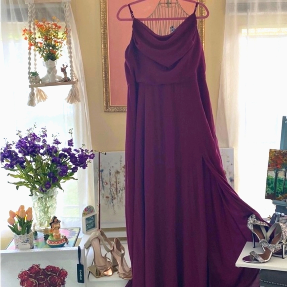 A-line evening dress cowl neck & spaghetti strap